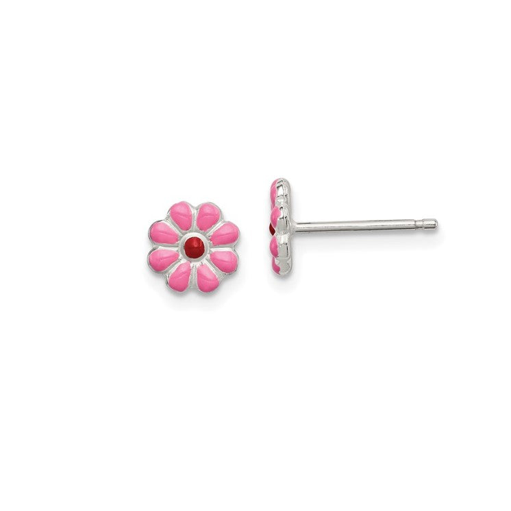 Sterling Silver Petite Pink Enameled Flower Earrings