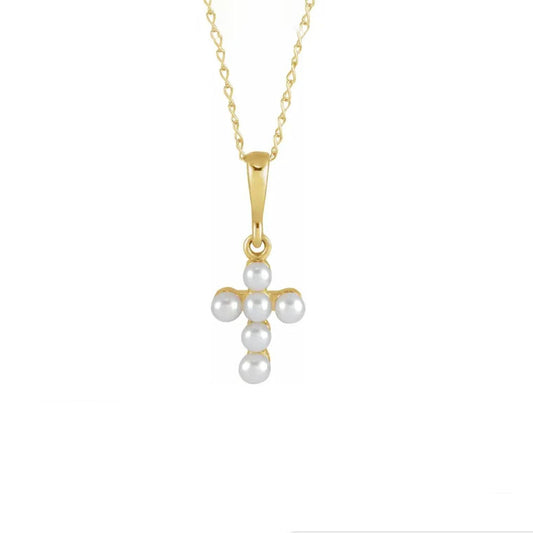14K Yellow Gold Petite Pearl Cross Necklace