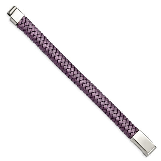 Stainless Steel Polished Metallic Purple Braided Leather Bracelet