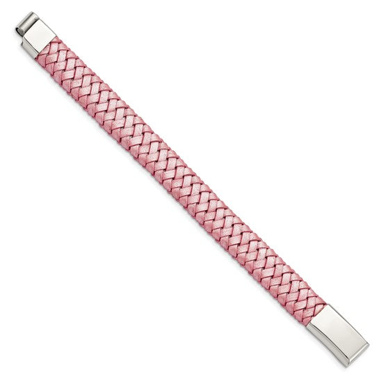 Stainless Steel Polished Metallic Pink Braided Leather Bracelet