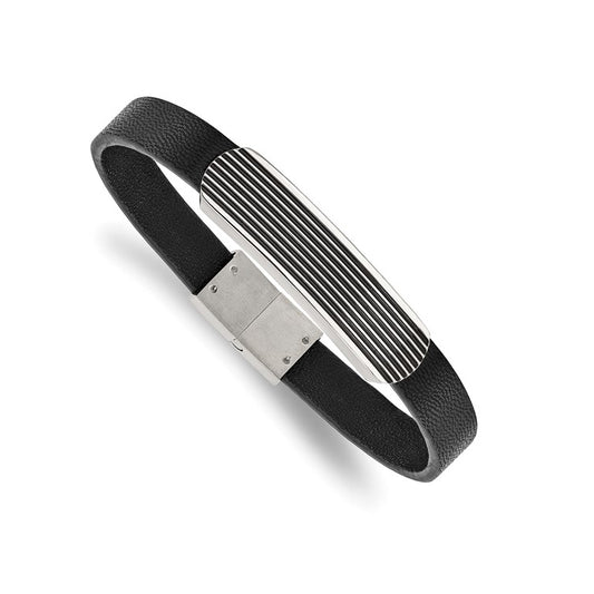 Stainless Steel Polished Enameled Striped Black Leather Men's Bracelet