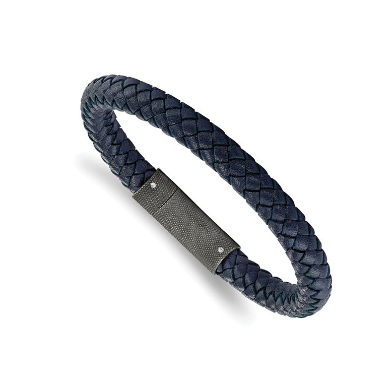 Stainless Steel Blue Braided Leather Men's Bracelet
