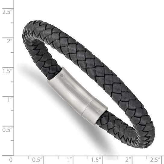 Stainless Steel Antiqued Dark Gray Braided Leather Bracelet