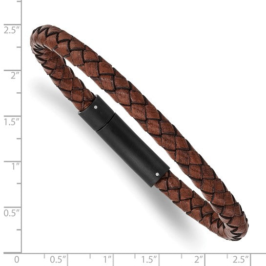 Stainless Steel Polished Brown Woven Leather Bracelet
