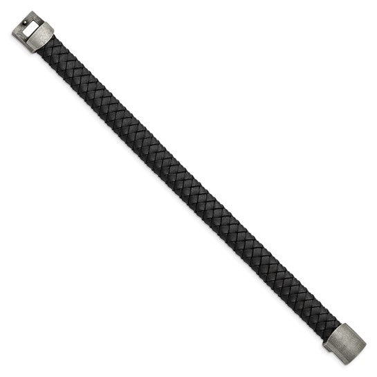 Stainless Steel Antiqued Black Braided Leather Bracelet