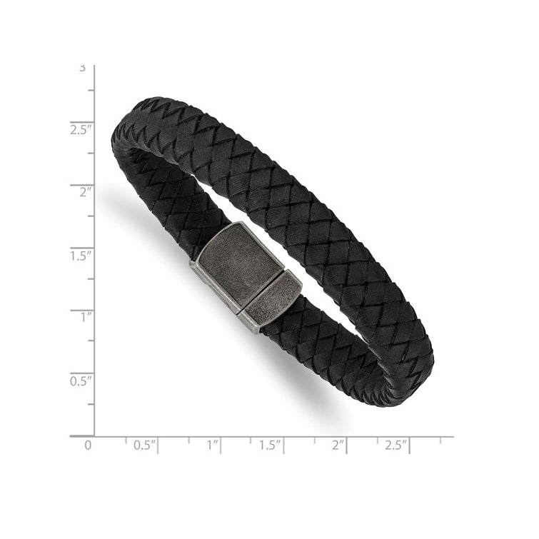 Stainless Steel Antiqued Black Braided Leather Bracelet