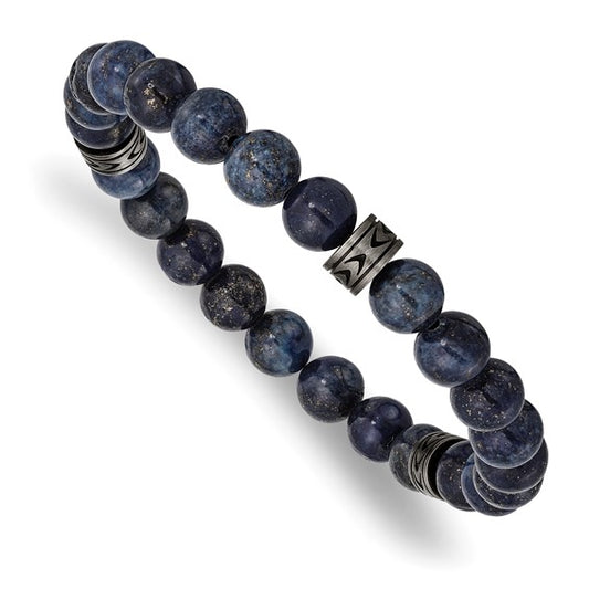 Stainless Steel Antiqued Lapis Beaded Stretch Bracelet