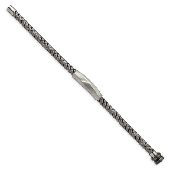 Stainless Steel Antiqued Gray Braided Leather Bracelet
