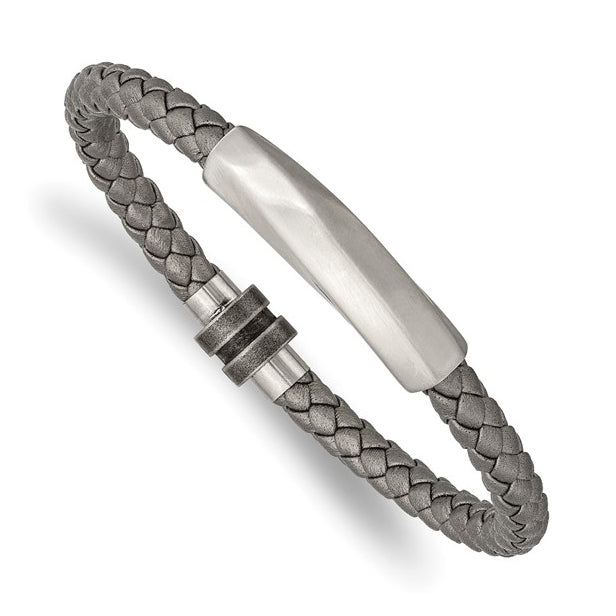 Stainless Steel Antiqued Gray Braided Leather Bracelet
