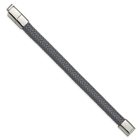 Stainless Steel Polished Gray Braided Leather Men's Bracelet