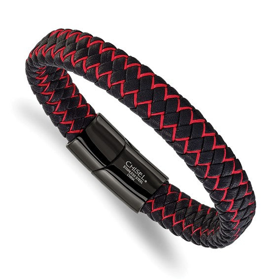 Stainless Steel Polished Black & Red Braided Leather Men's Bracelet