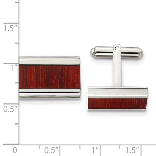 Stainless Steel Polished Red Koa Wood Inlay Cufflinks