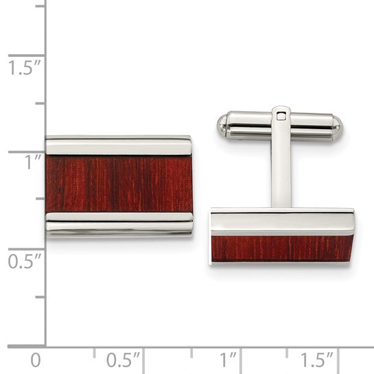 Stainless Steel Polished Red Koa Wood Inlay Cufflinks