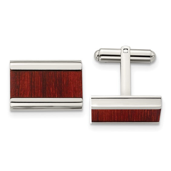 Stainless Steel Polished Red Koa Wood Inlay Cufflinks