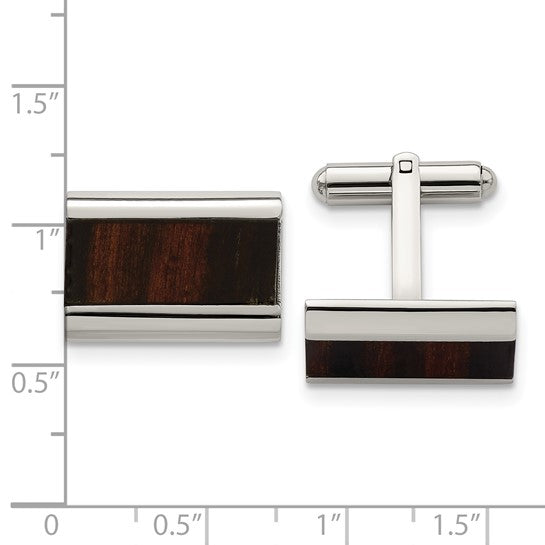 Stainless Steel Polished Black Koa Wood Inlay Rectangle Cufflinks