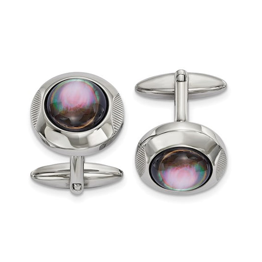 Stainless Steel Polished Black Mother of Pearl Cufflinks
