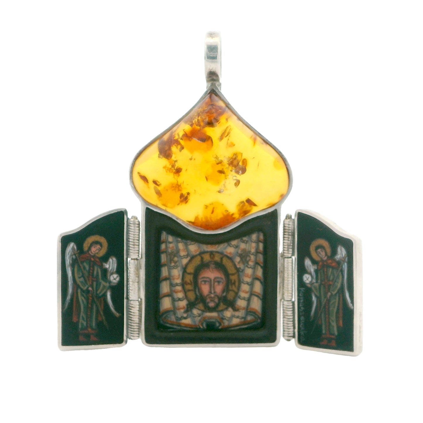 Sterling Silver Baltic Amber & Ebony Christ Tryptic