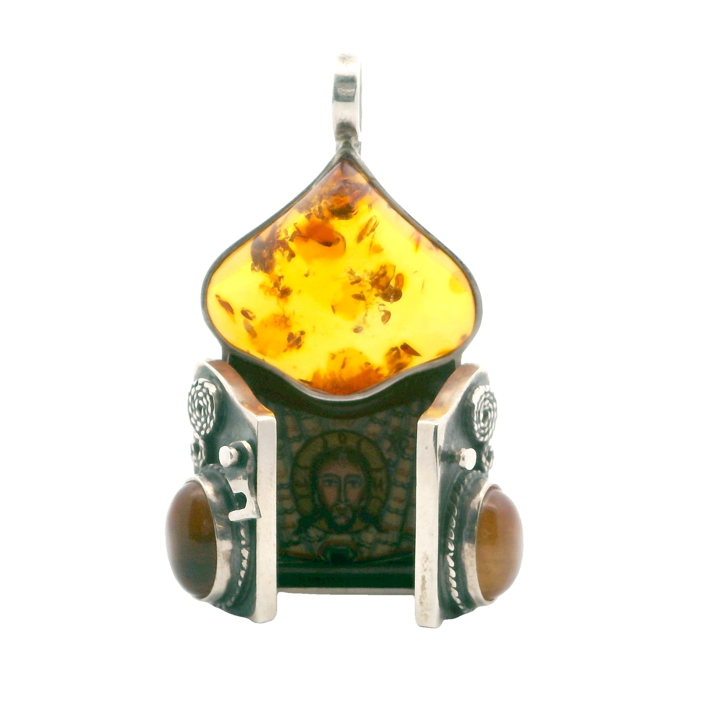 Sterling Silver Baltic Amber & Ebony Christ Tryptic
