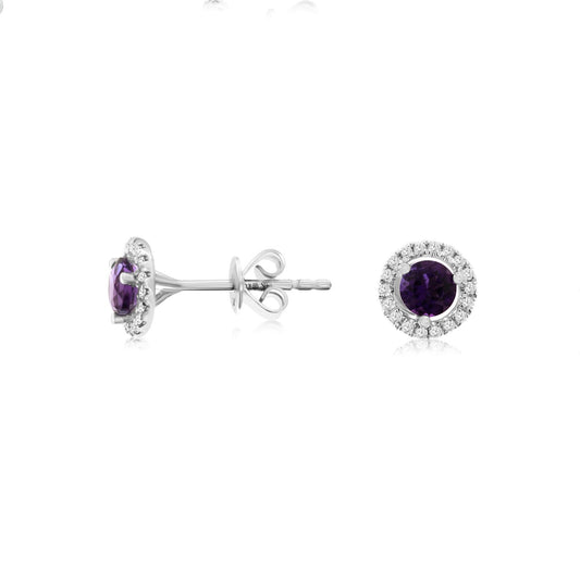 14K White Gold Amethyst & Diamond Post Earrings