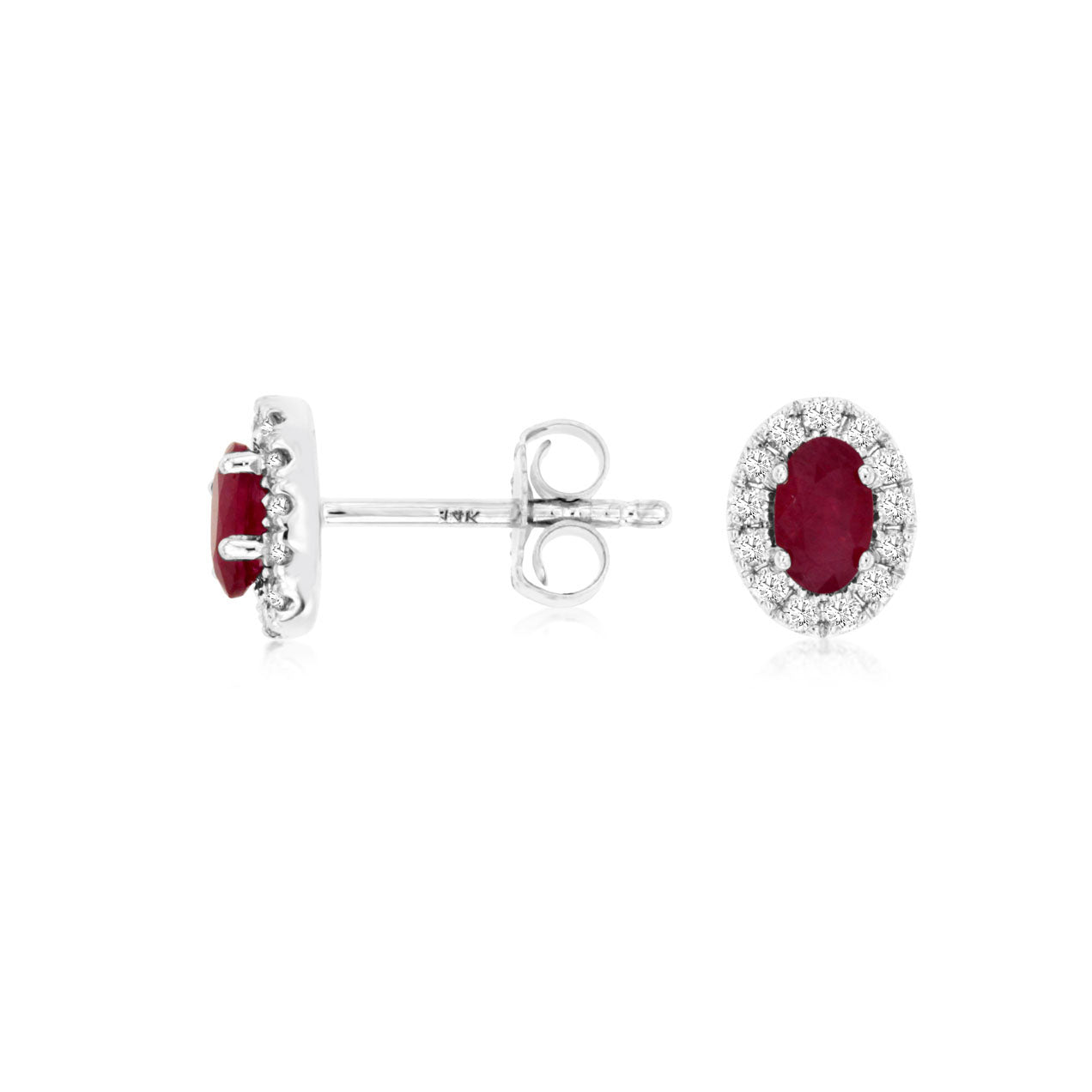14K White Gold Oval Ruby & Diamond Post Earrings