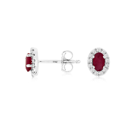 14K White Gold Oval Ruby & Diamond Post Earrings