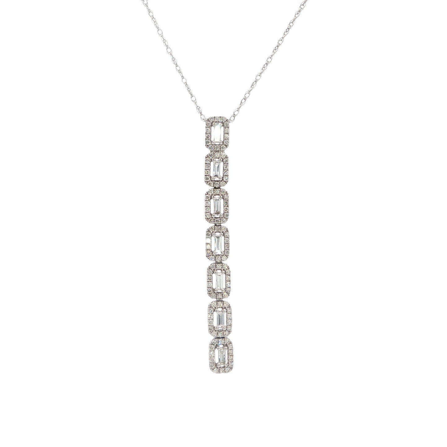 14K White Gold Baguette Diamond Drop Necklace