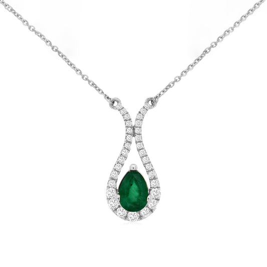 14K White Gold Emerald & Diamond Pendant