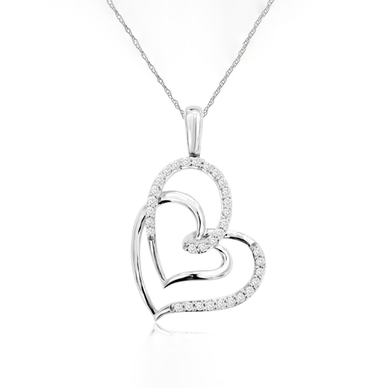 14K White Gold Diamond Hearts Pendant