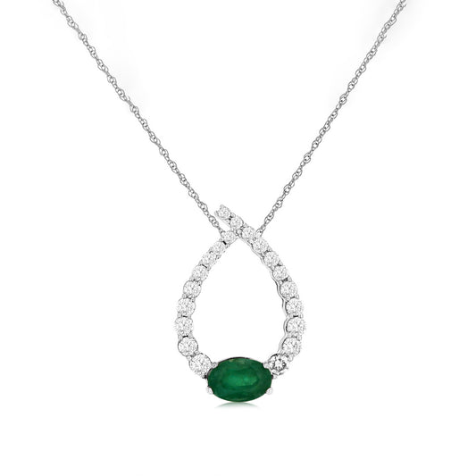 14K White Gold Oval Emerald & Diamond Pendant