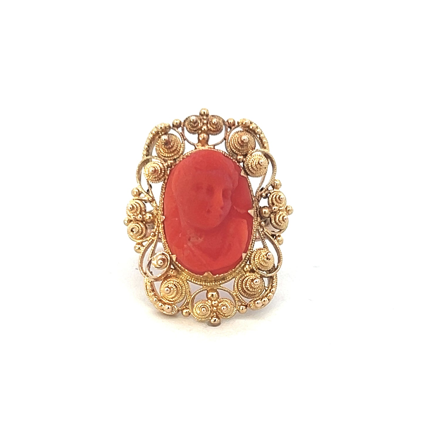 Vintage 9K Yellow Gold Carved Coral Cameo Ring