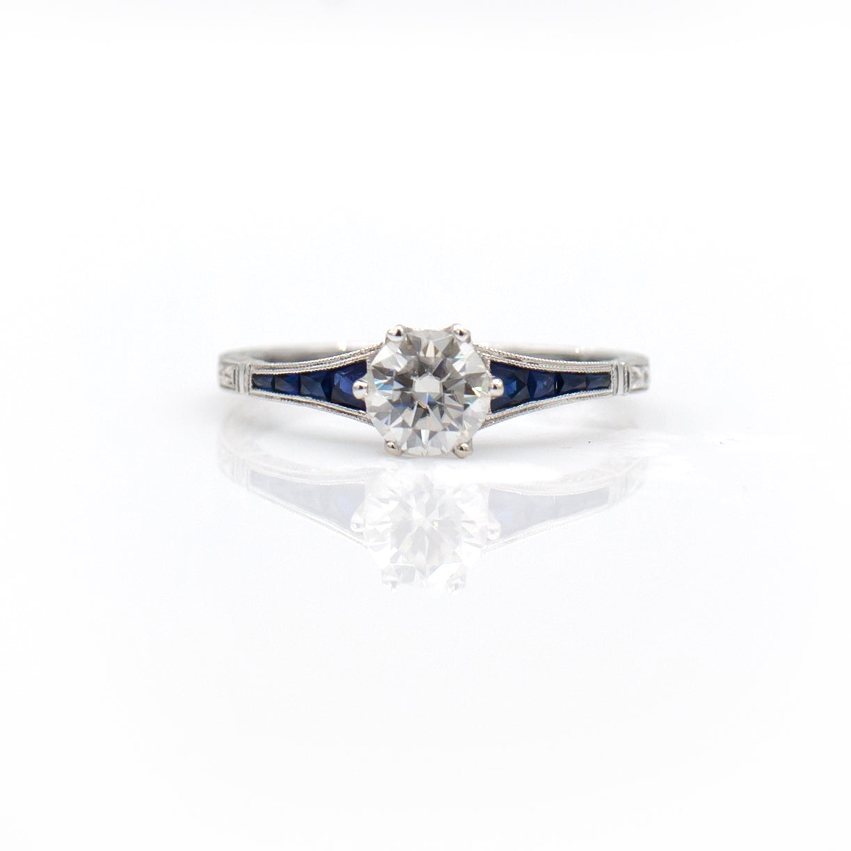 14K White Gold Moissanite & Sapphire Engagement Ring
