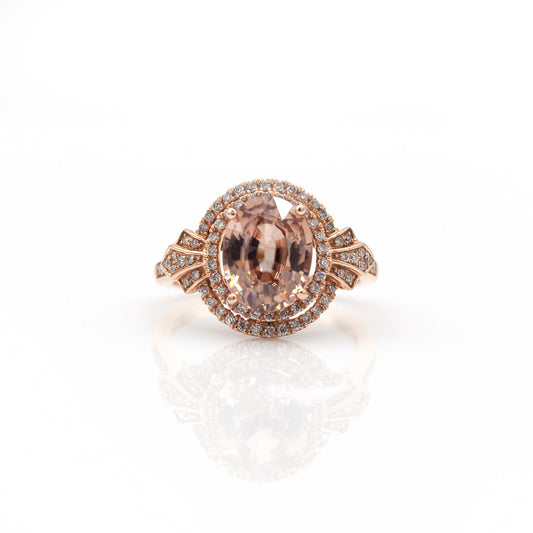 14K Rose Gold Peach Zircon & Diamond Halo Ring