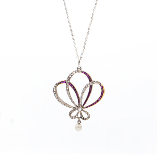 Estate Collection French Deco Diamond, Ruby & Pearl Pendant