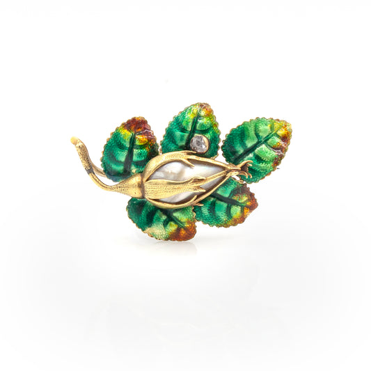Estate Collection Art Nouveau Enameled Mother of Pearl Rose Brooch
