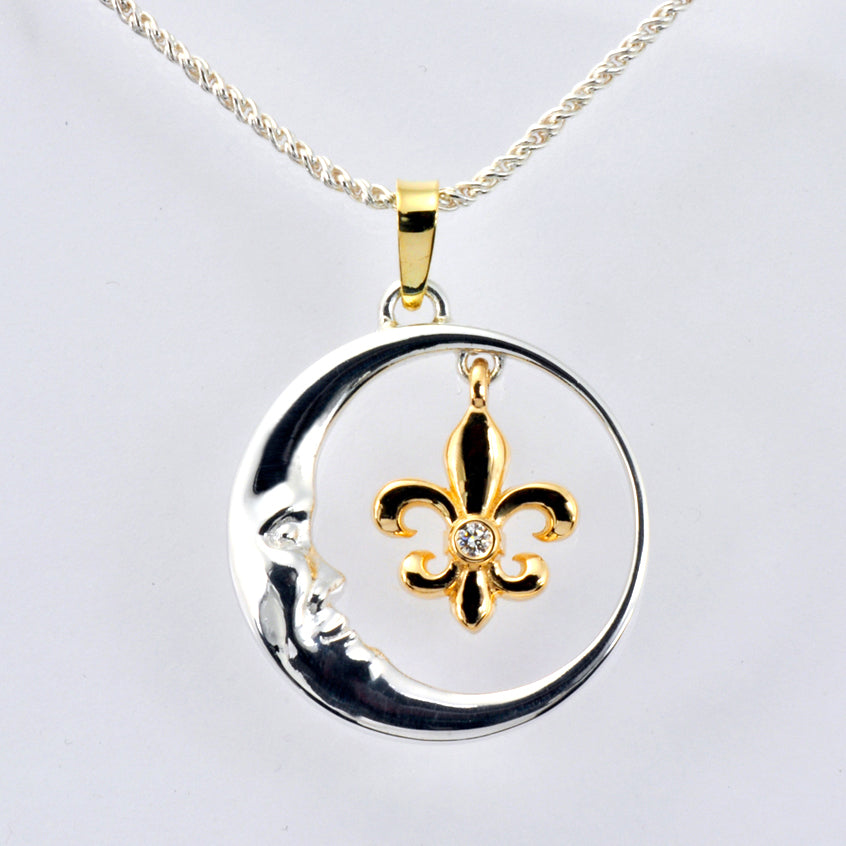 Sterling Silver Crescent Moon & 14K Yellow Gold Fleur de Lis Pendant