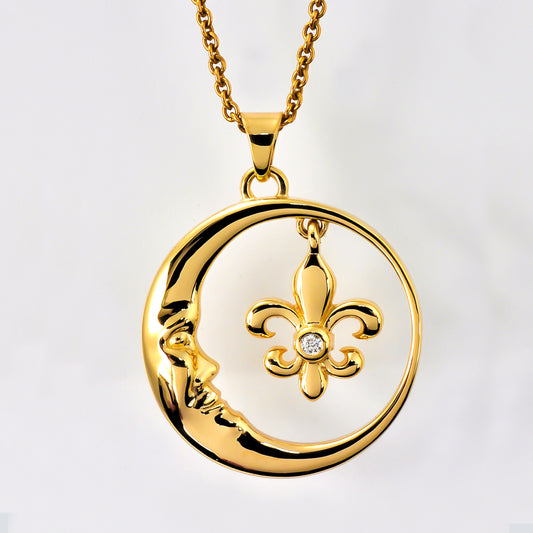 Tom Mathis 14K Crescent Moon & Fleur de Lis Pendant