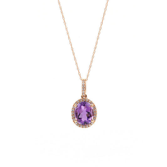 14K Rose Gold Amethyst & Diamond Halo Pendant