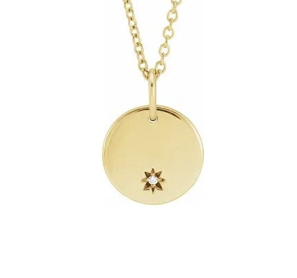 14K Yellow Gold Diamond "Starburst" Engraveable Disc Pendant