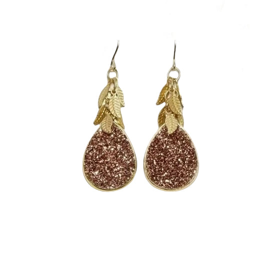 Anna Hollinger Collection Rose Druzy Quartz Leaf Earrings