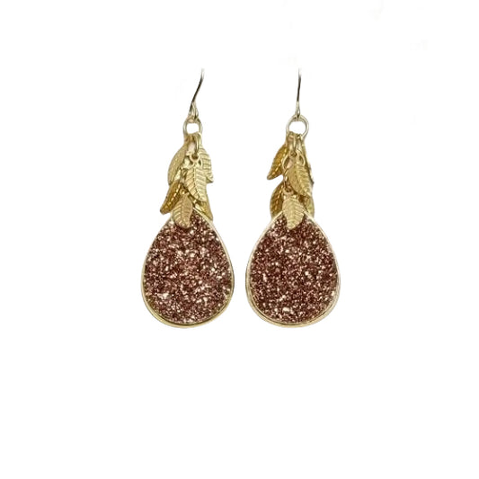 Anna Hollinger Collection Rose Druzy Quartz Leaf Earrings