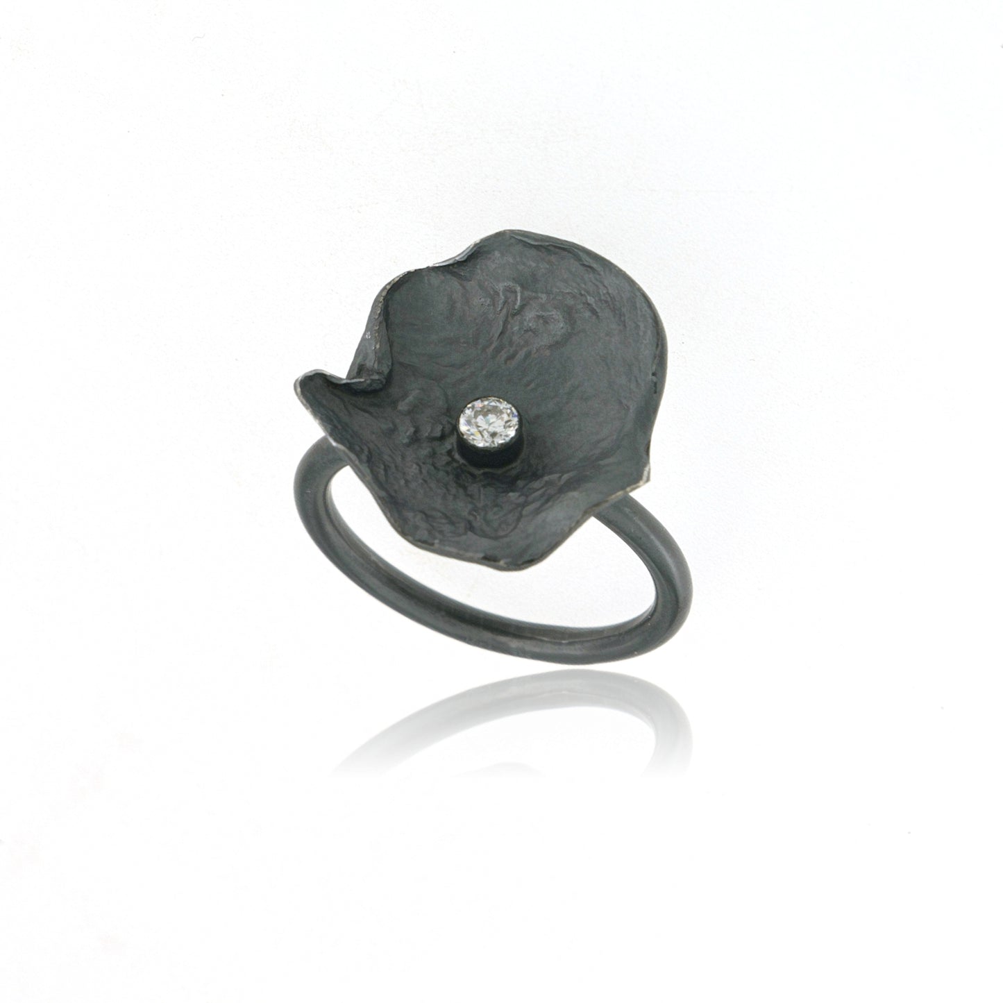 Mysterium Collection Oxidized Sterling & CZ Petal Ring (Lg)