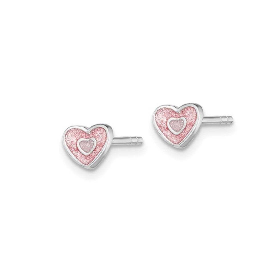 Sterling Silver Petite Enameled Pink Glitter Heart Post Earrings