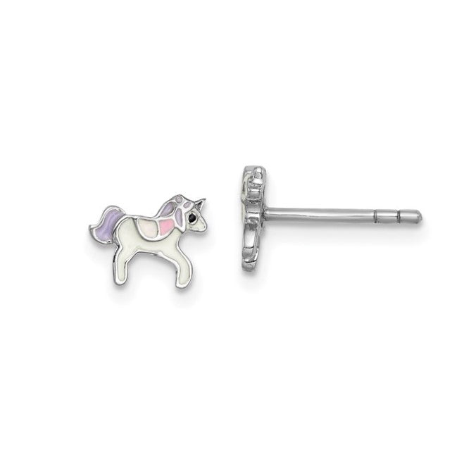 Sterling Silver Petite Enameled Unicorn Post Earrings
