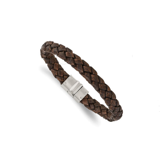 Stainless Steel Polished Brown Woven Leather Men's Bracelet