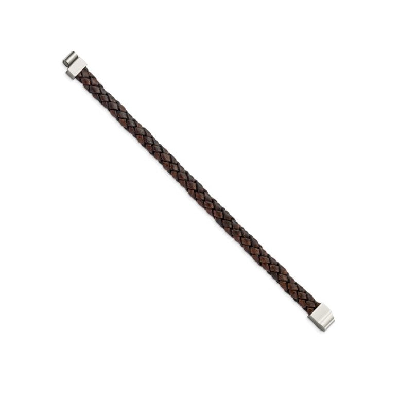 Stainless Steel Polished Brown Woven Leather Men's Bracelet