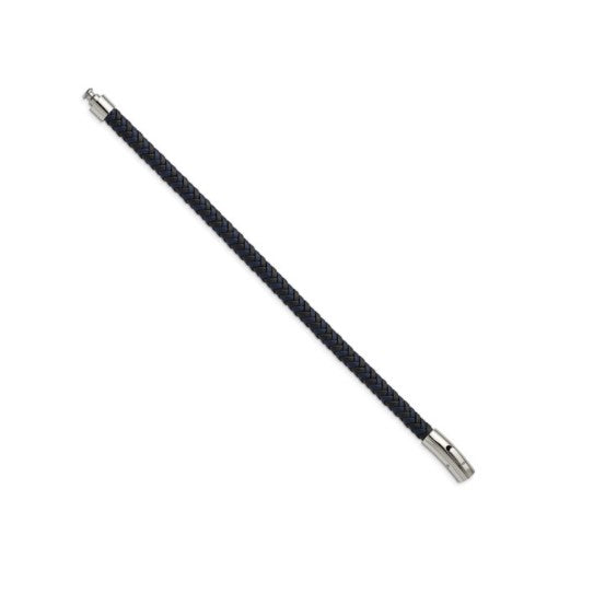 Stainless Steel Polished Black and Blue Braided Leather Men's Bracelet