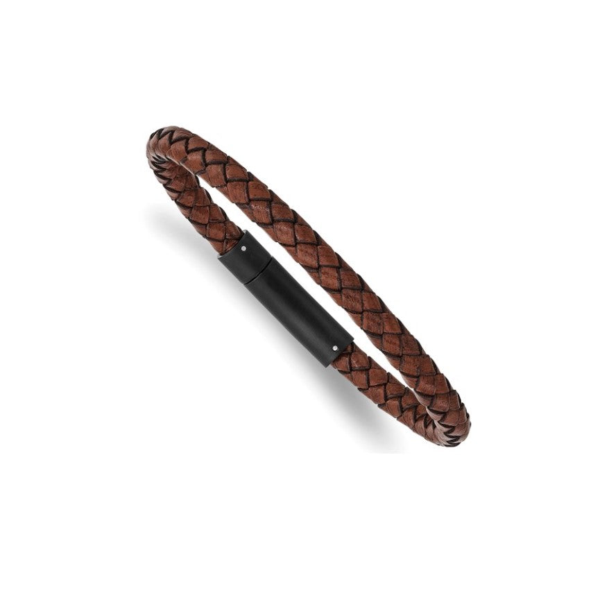 Stainless Steel Polished Brown Woven Leather Men's Bracelet