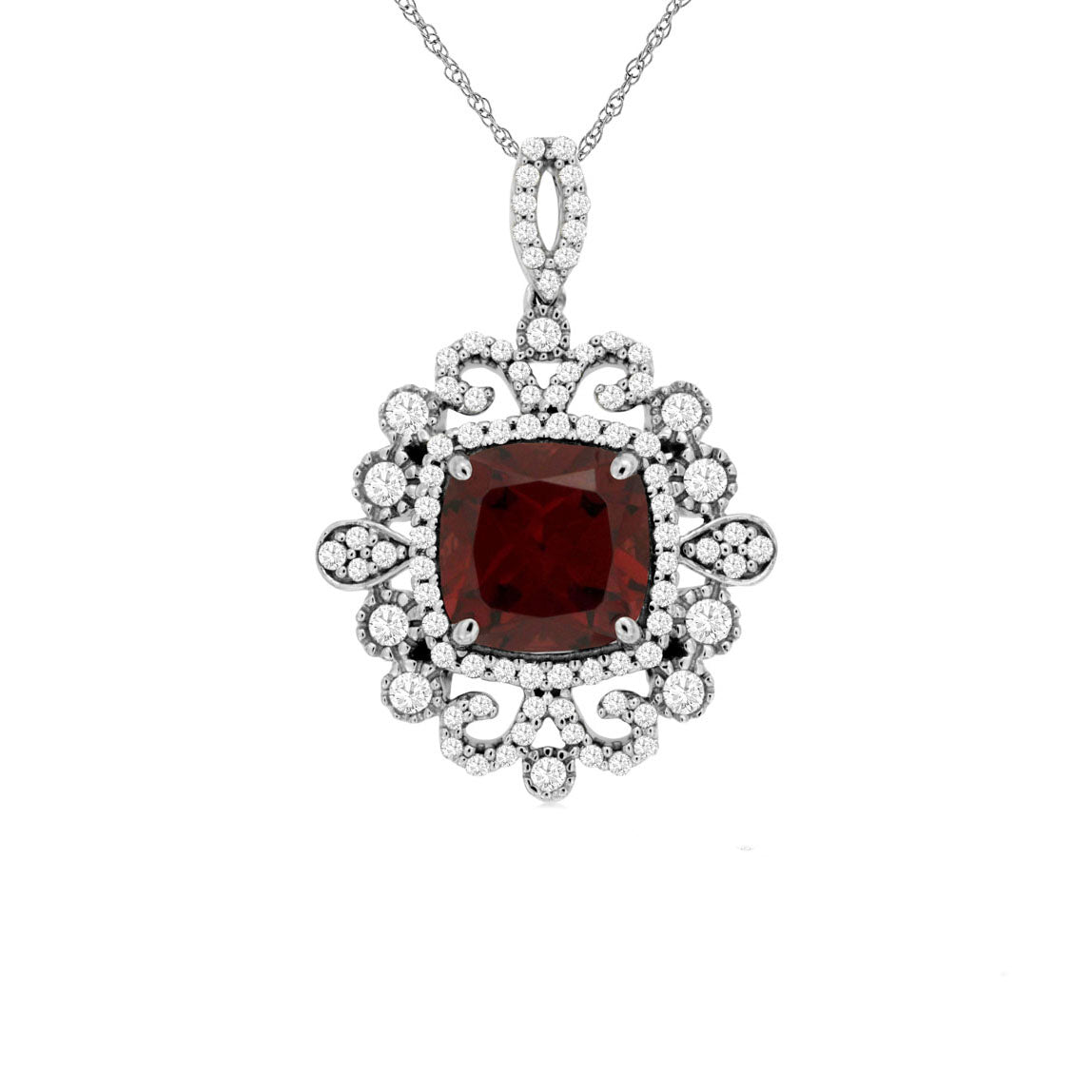 14K White Gold Garnet & Diamond Pendant