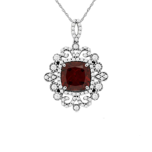 14K White Gold Garnet & Diamond Pendant