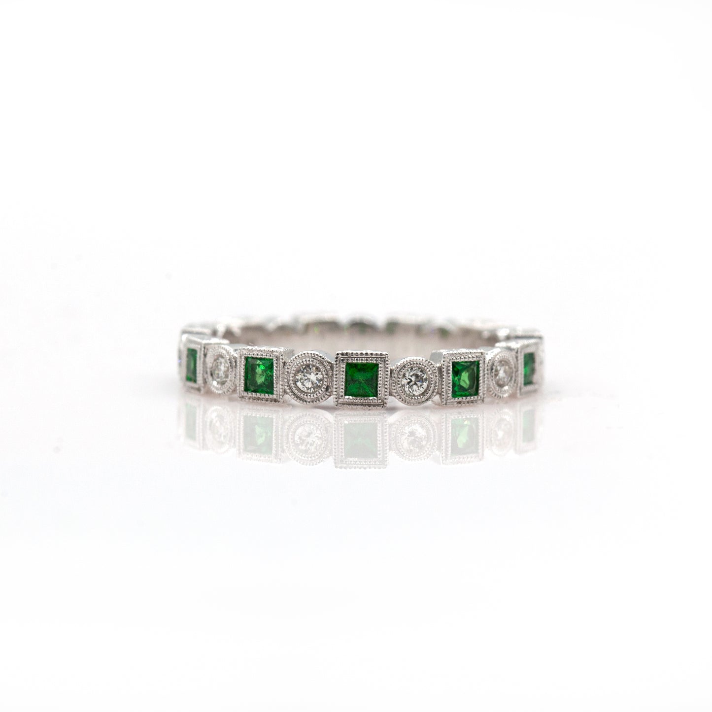 14K White Gold Engraved Tsavorite & Diamond Ring